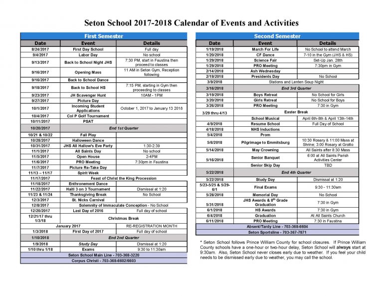 Seton School Calendar of Events and Activities Seton School Manassas