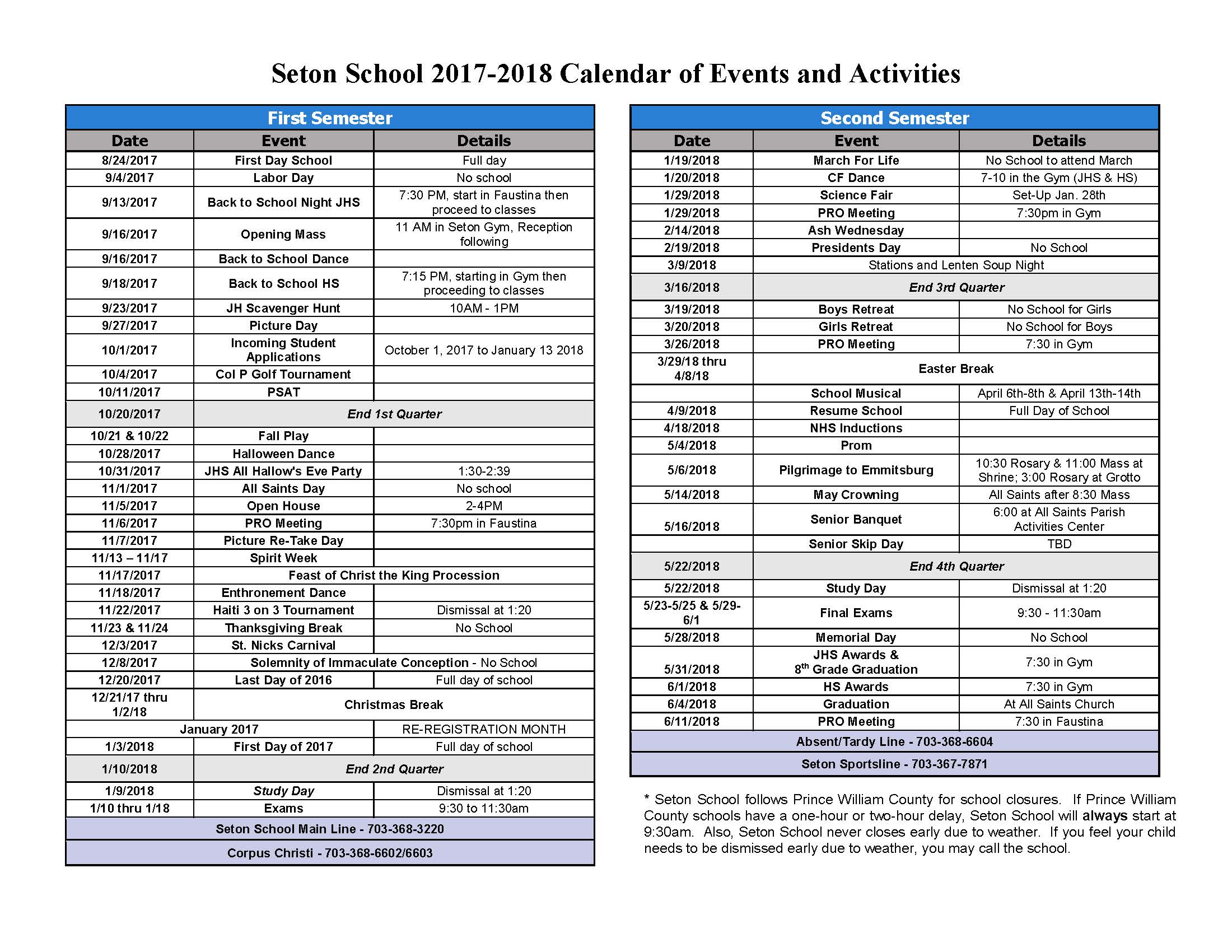 Seton School Calendar of Events and Activities UPDATED Seton School