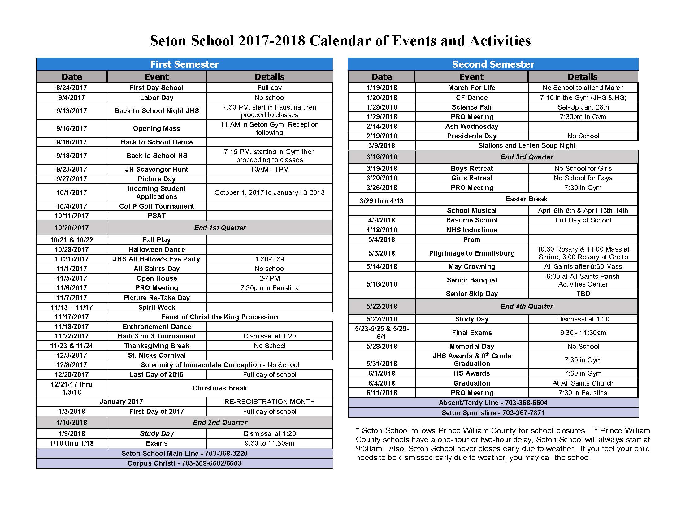 Seton School Calendar of Events and Activities | Seton School Manassas