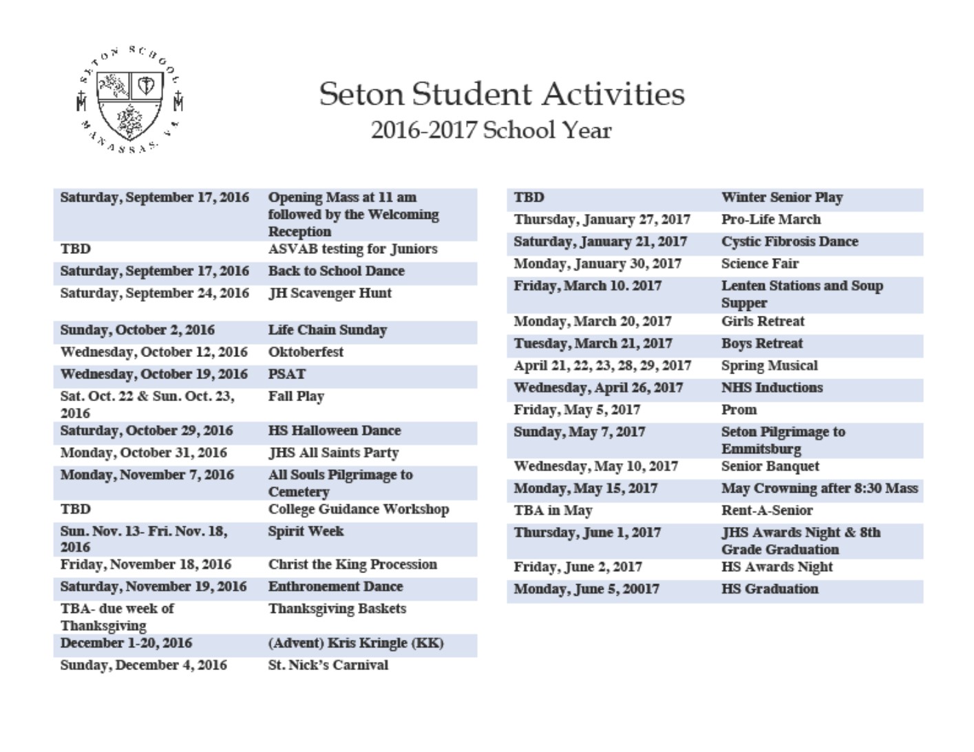 Seton-Student-Activities-Calendar-Image | Seton School Manassas