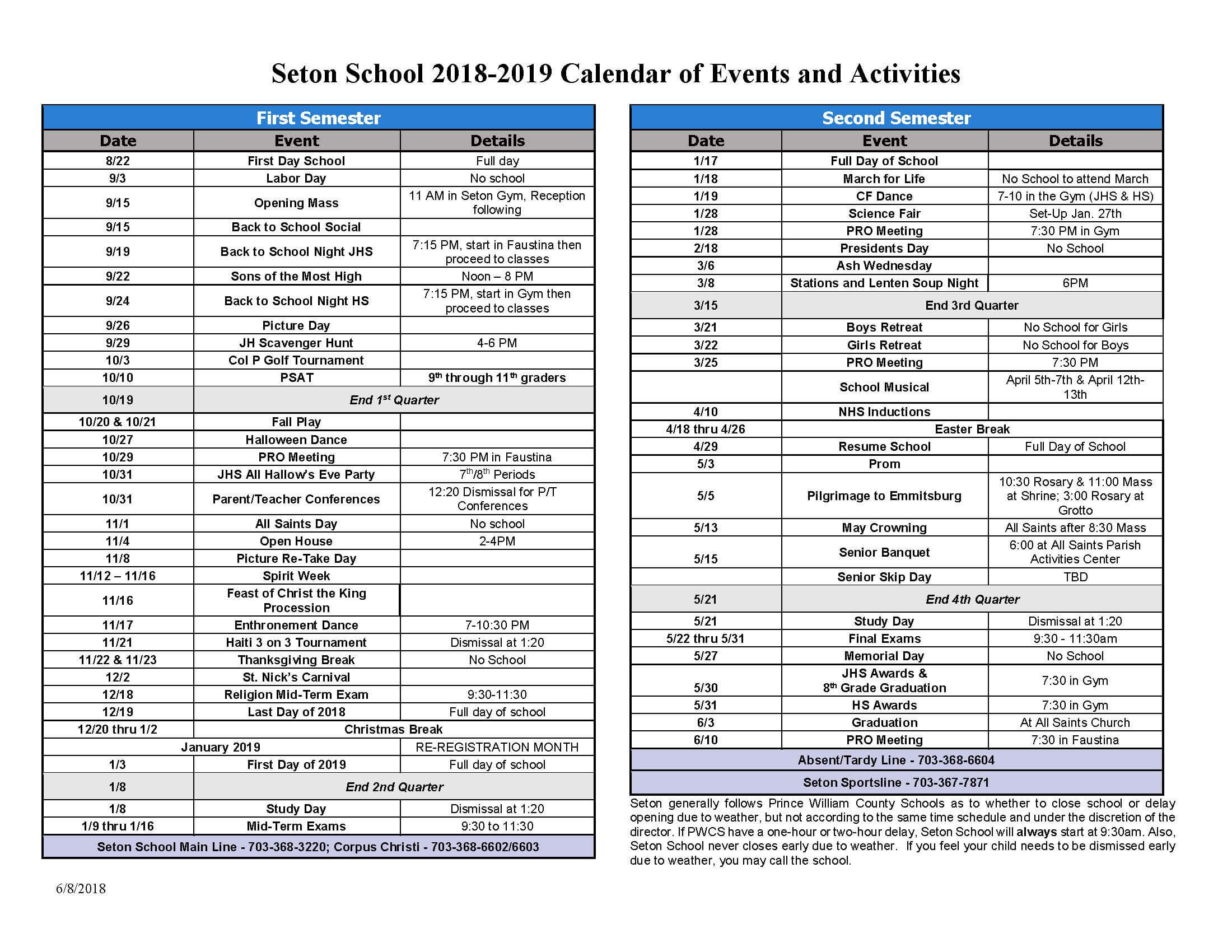 2018 2019 Seton School Calendar of Events and Activities Seton School