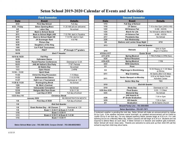 20192020 Seton School Calendar of Events and Activities Seton School