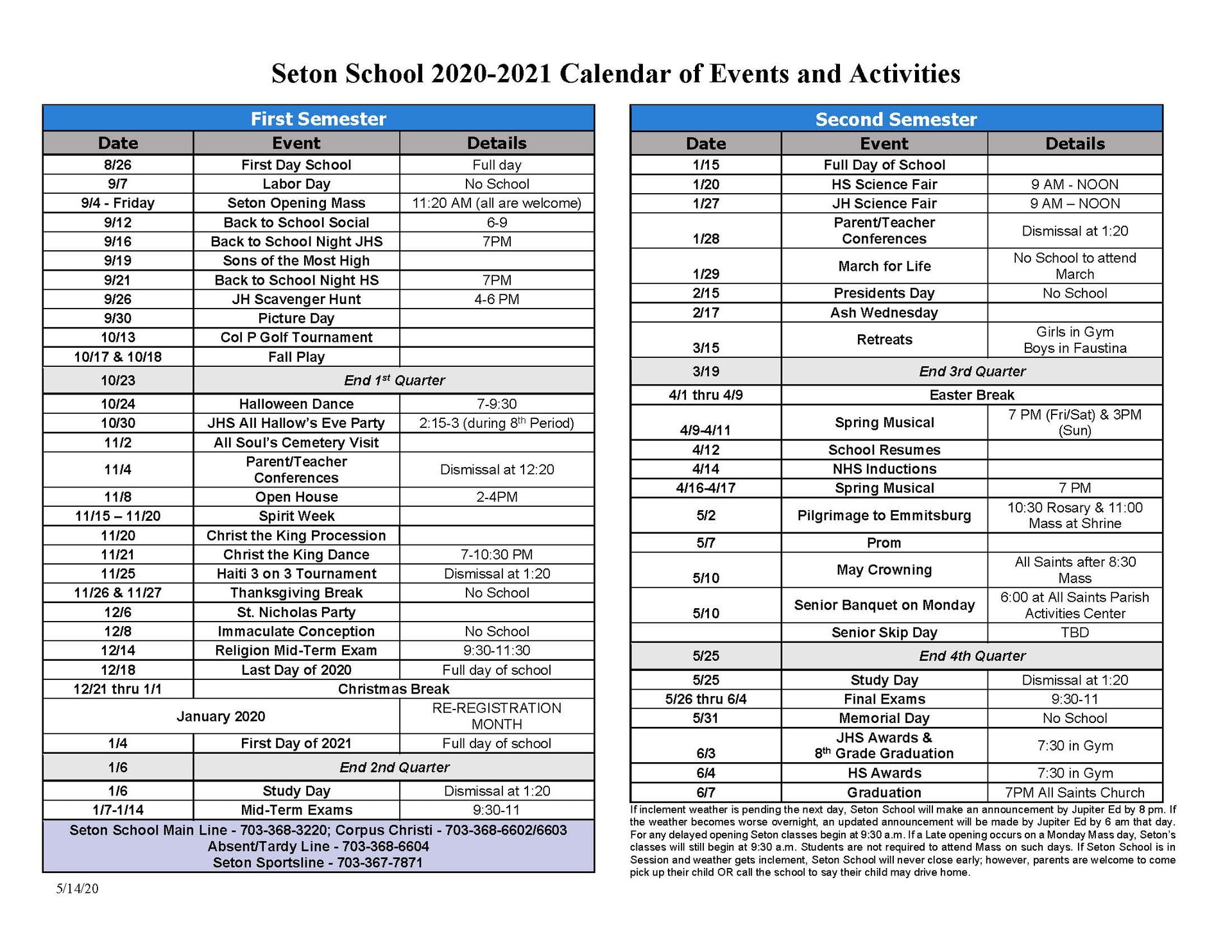 20202021 Seton School Calendar of Events and Activities