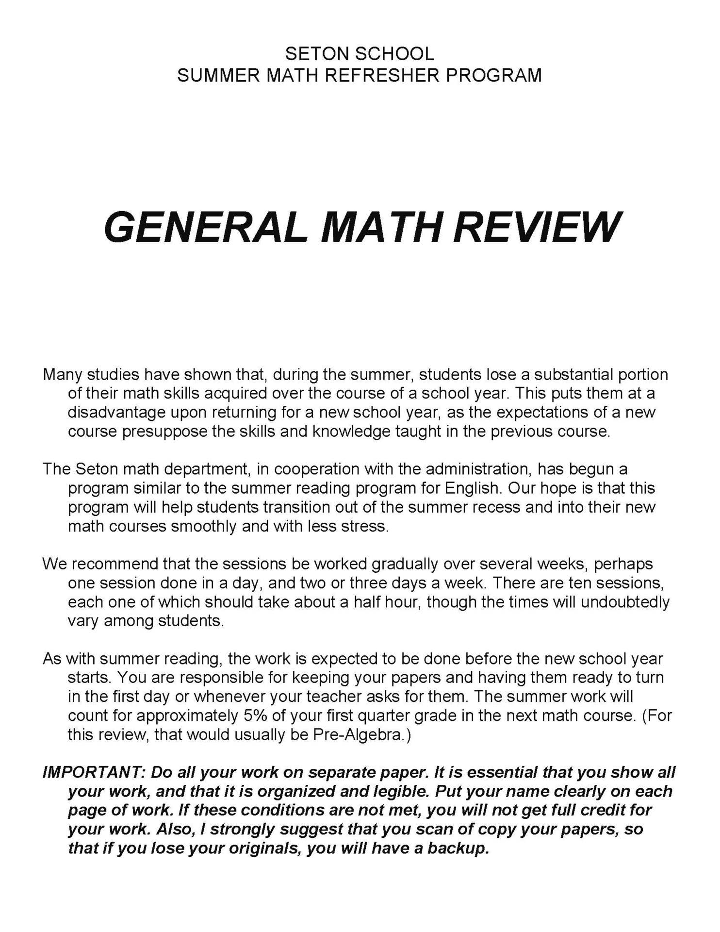 General Math Summer Review Page 1 Seton School Manassas