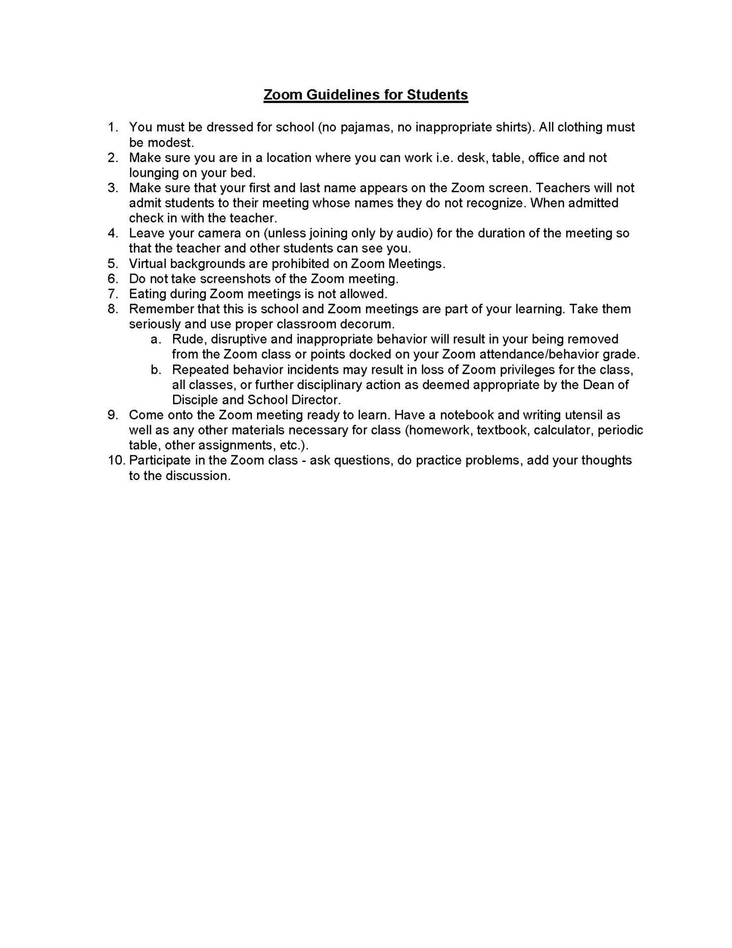 Zoom Guidelines for Students