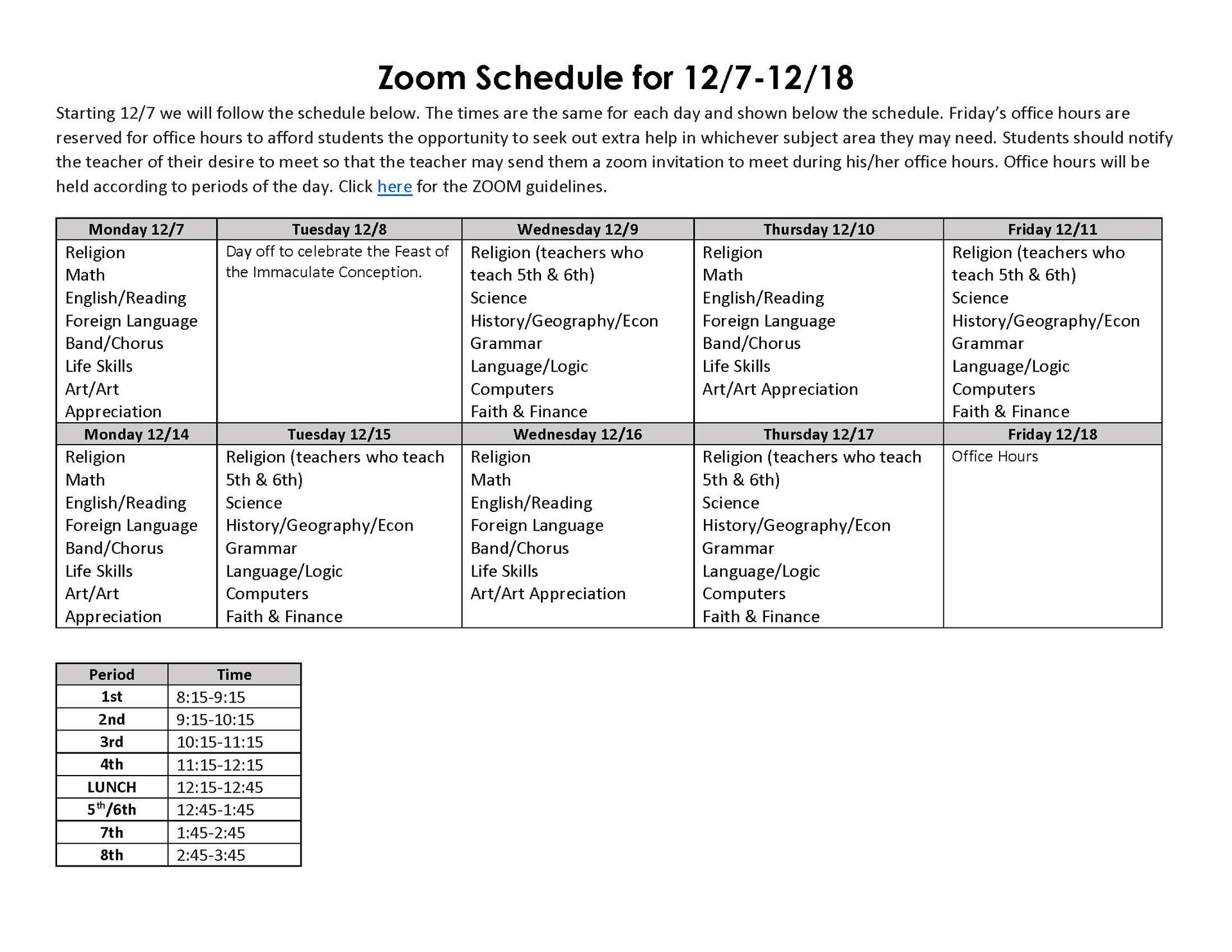 Schedule for December 2020