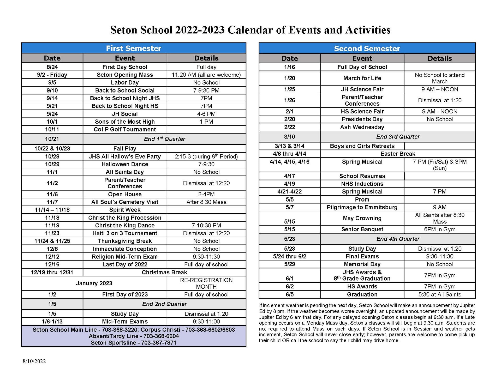 20222023 Seton School Calendar of Events and Activities Seton School