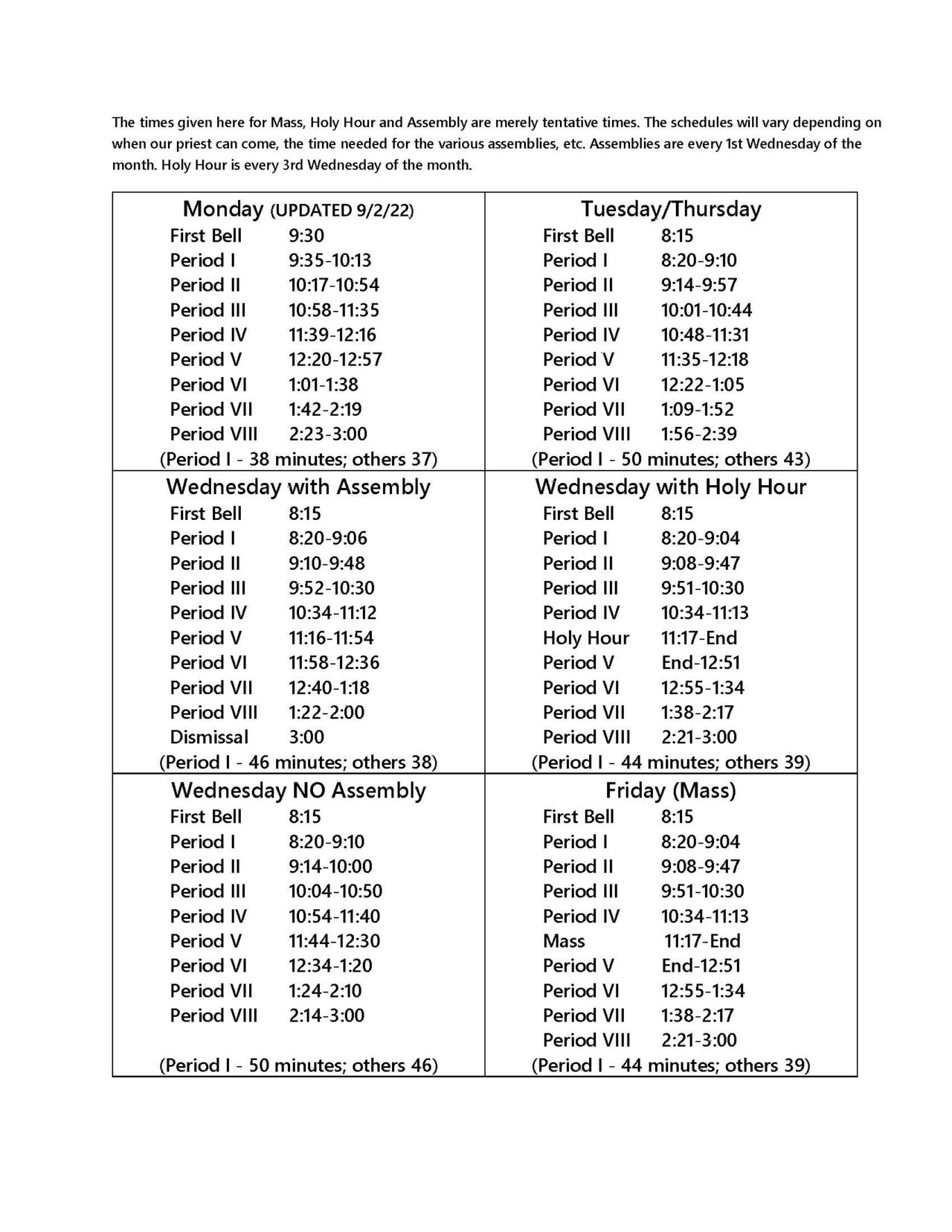 Bell Schedule | Seton School Manassas