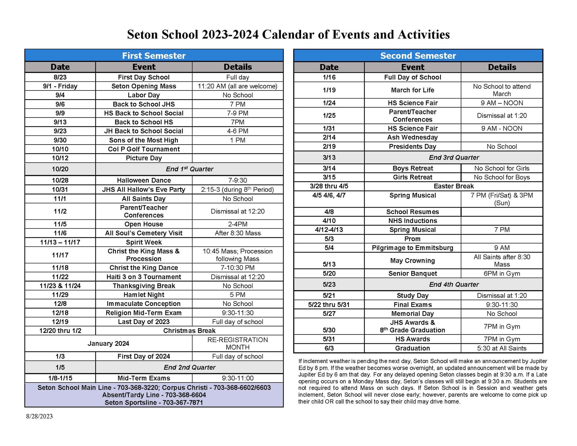 20162017 Academic Calendar Seton School Manassas