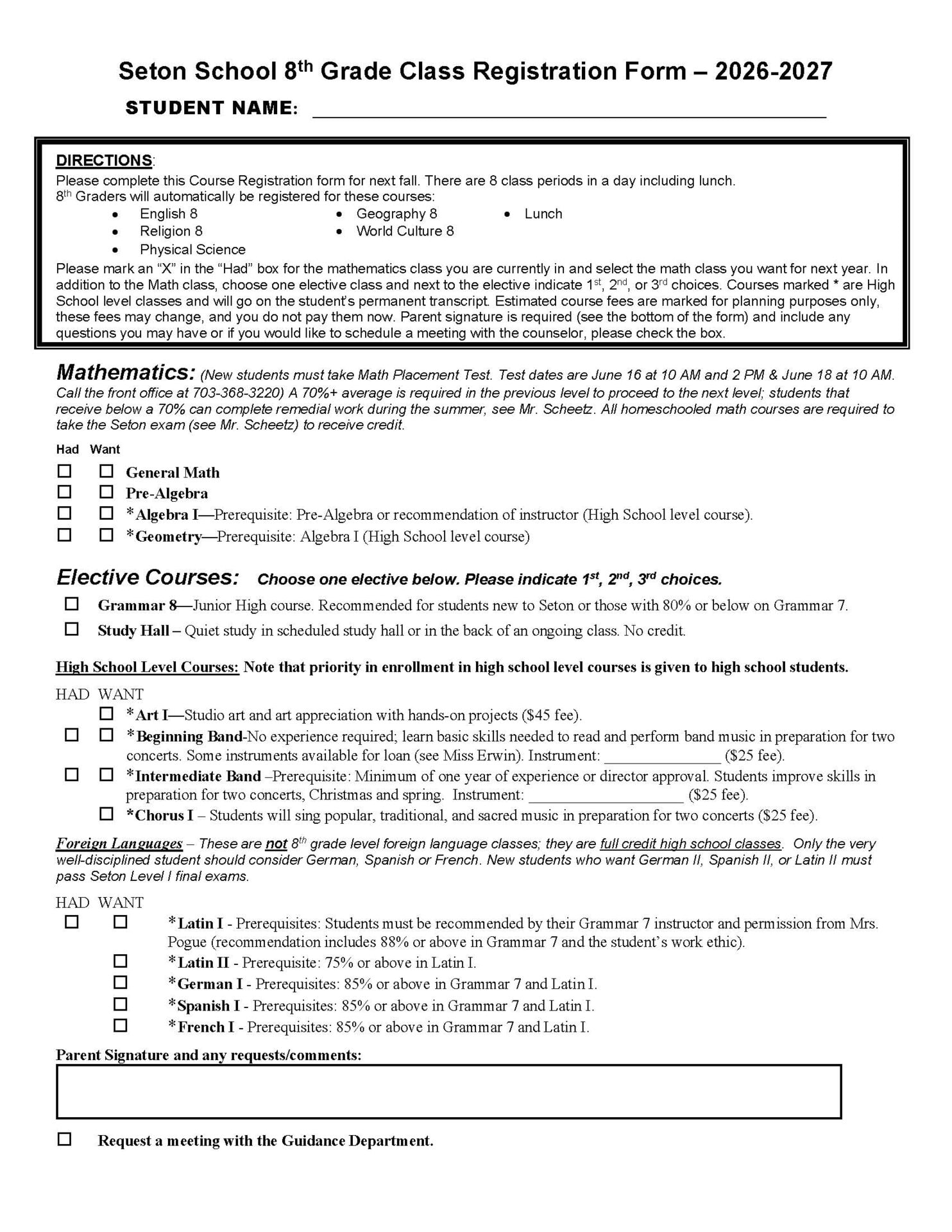 2026-2027 8th Grade Class Scheduling Form