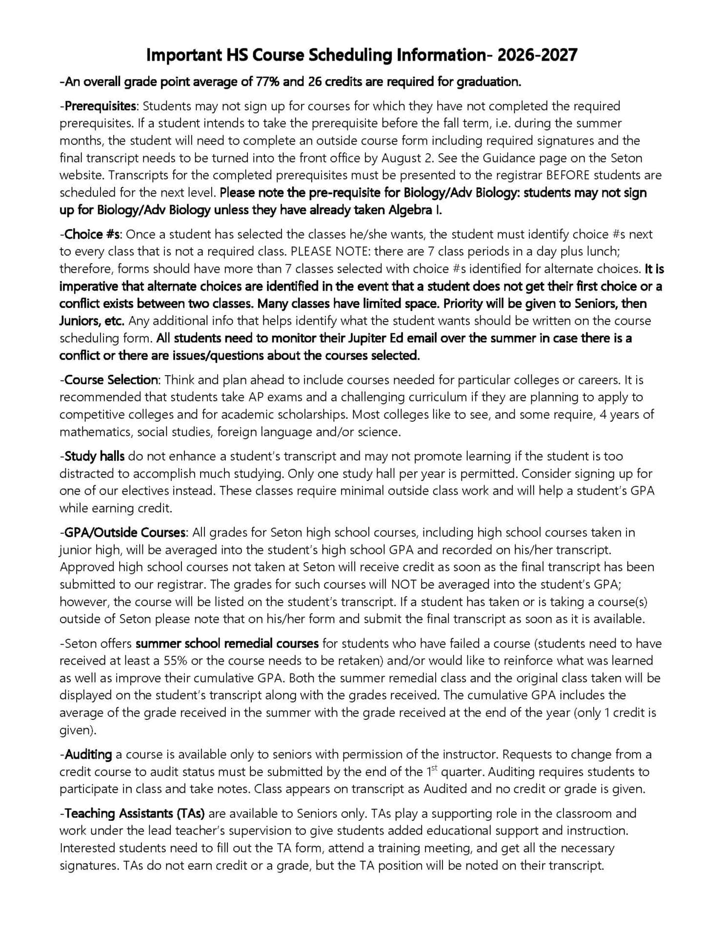 IMPORTANT INFORMATION CONCERNING COURSE SCHEDULING