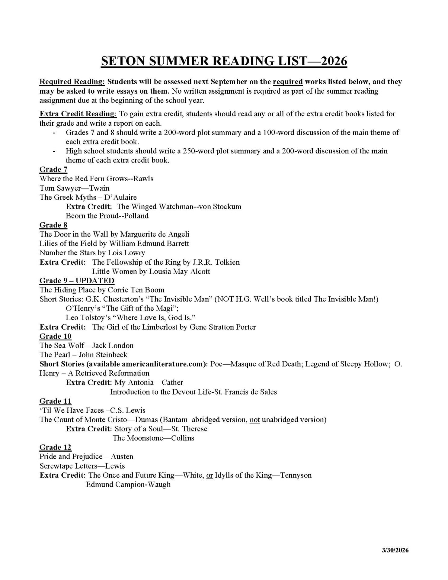 SETON SUMMER READING LIST—2026