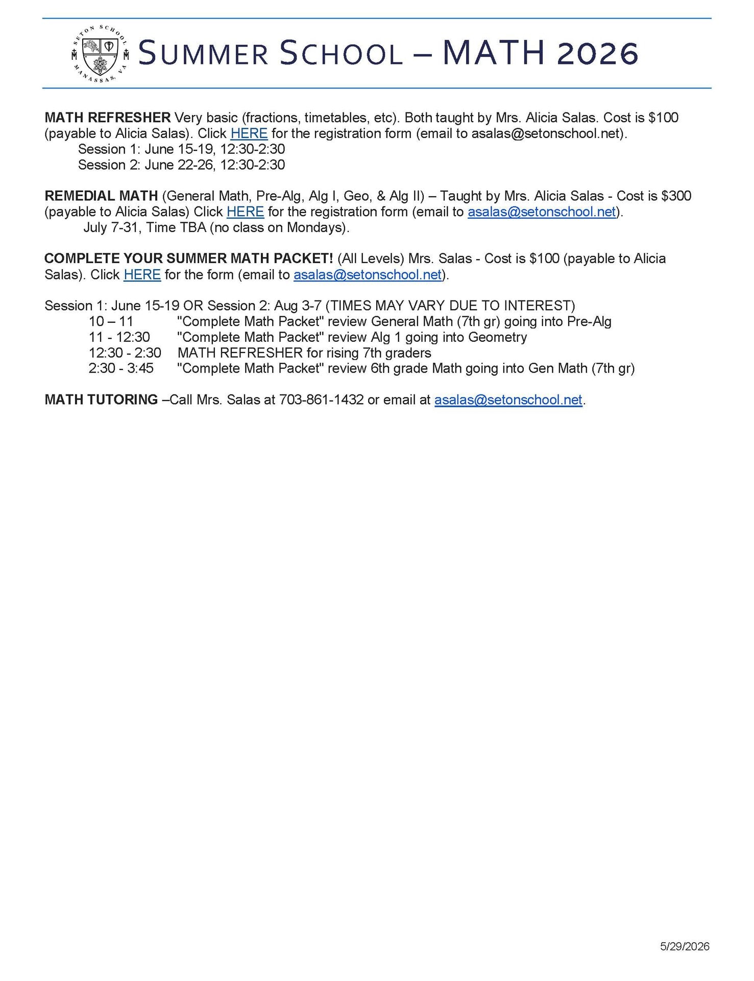 Seton Summer School 2026 MATH